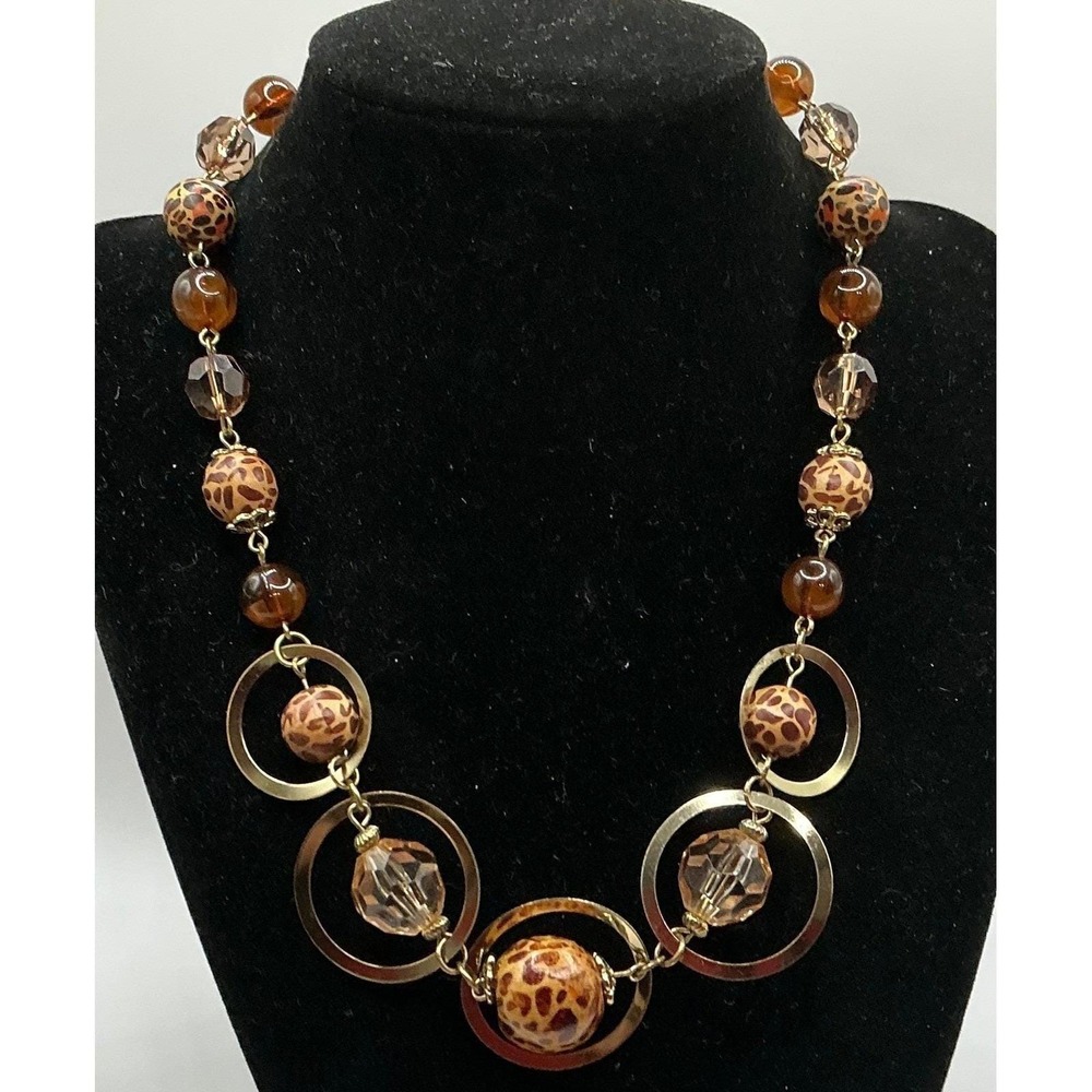 Chic Cheetah Print Beaded Statement Necklace Gold Tone‎ Circles